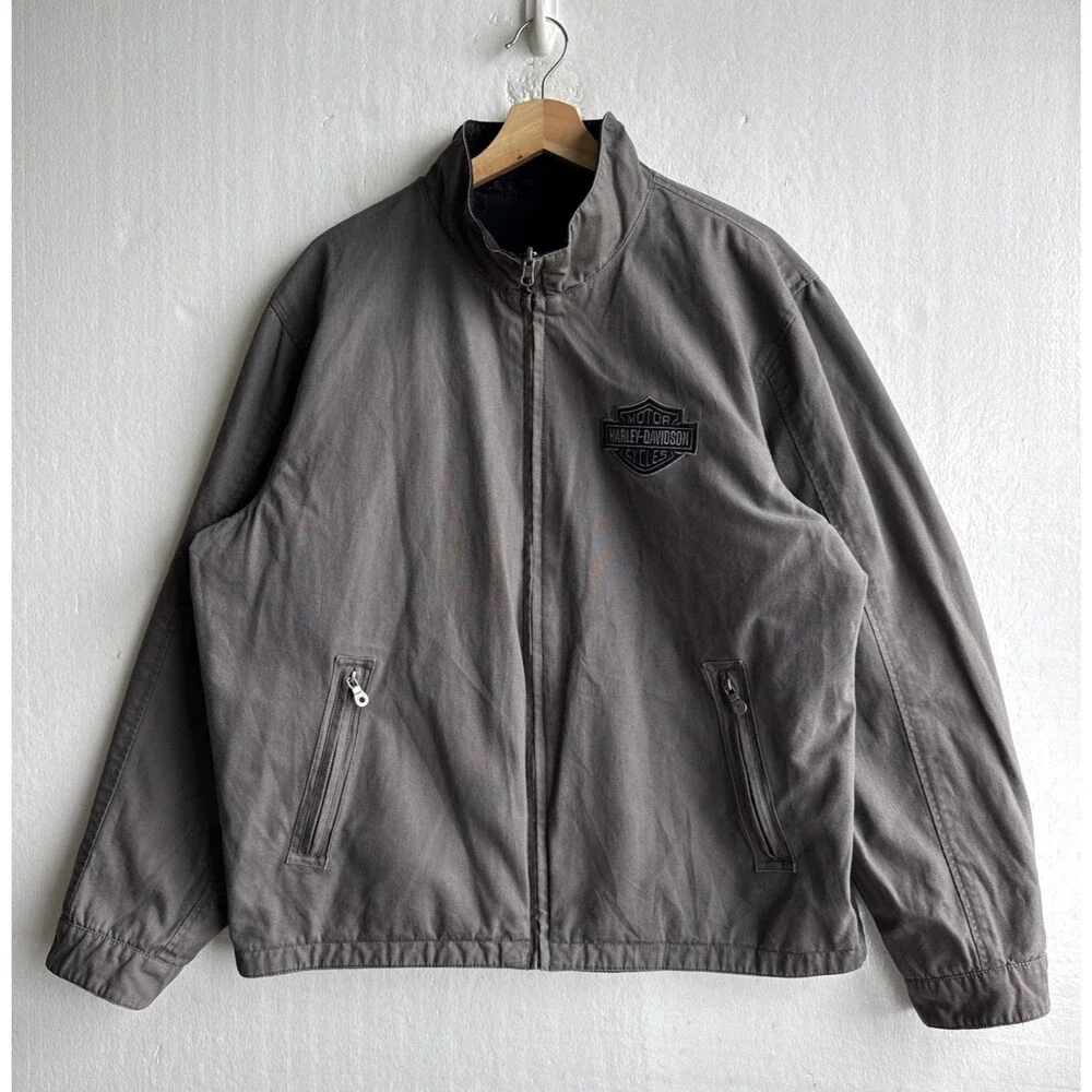 VTG Harley-Davidson Men's Large Black/Gray Reversible Full Zip Bomber Jacket